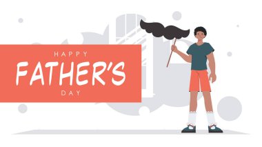 Father's day poster. A man holds a mustache on a stick. Trendy cartoon style. Vector illustration.
