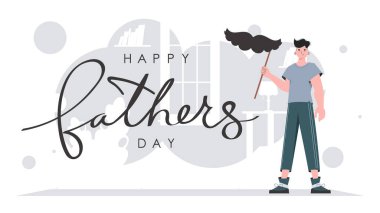 Father's day poster. The guy is holding his mustache on a stick. trendy style. Vector illustration.