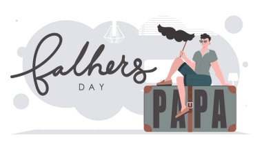 Father's day poster. The guy is holding his mustache on a stick. Trendy cartoon style. Vector.