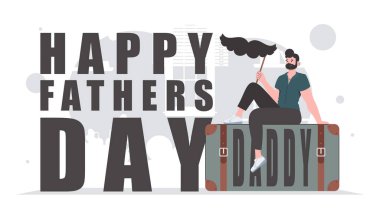 Father's day banner. A man holds a mustache on a stick. Cartoon style. Vector illustration.