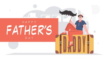 Father's day banner. A man holds a mustache on a stick. Trendy cartoon style. Vector.