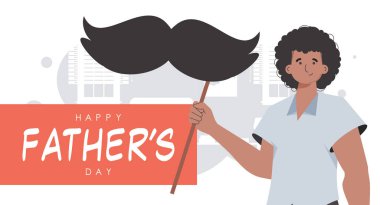 Father's day banner. A man holds a mustache on a stick. Trendy cartoon style. Vector.