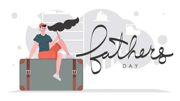 Father Day Banner Man Holds Mustache Stick Cartoon Style Vector — Vetor de Stock