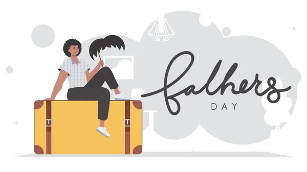 Father Day Banner Man Holds Mustache Stick Trendy Style Vector — Vetor de Stock