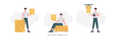 A set of a man with a box and a parcel. The concept of cargo delivery. Trendy flat style. Vector.