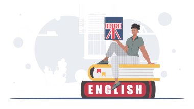 The concept of learning English. A man sits on books and holds an English dictionary in his hands. trendy style. Vector illustration.