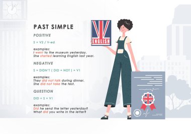 Past simple. Rule for the study of tenses in English. The concept of learning English. Trend character flat style. Illustration in vector.