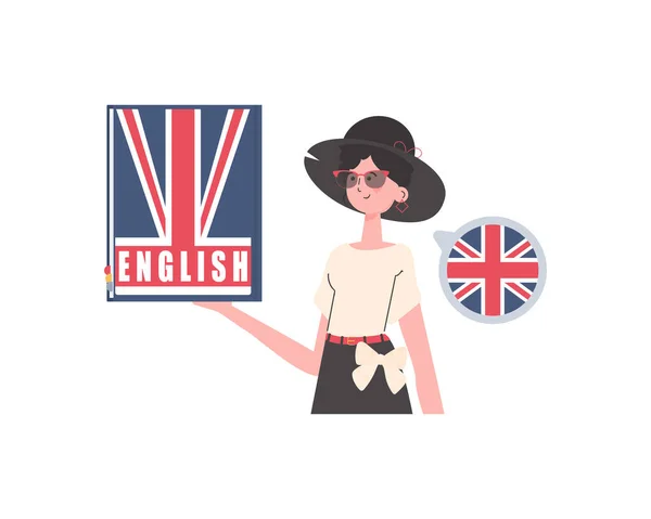Woman Holds English Dictionary Her Hands Concept Learning English Isolated — Stockvector