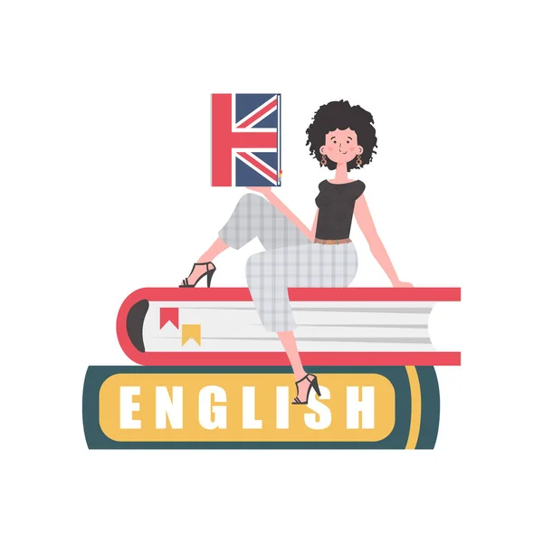 Woman Sits Books Holds English Dictionary Her Hands Concept Teaching — Stockvector