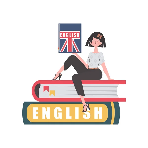 Woman Sits Books Holds English Dictionary Her Hands Concept Learning — 스톡 벡터