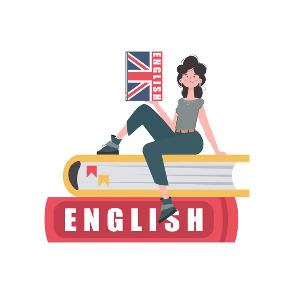 Woman Sits Books Holds English Dictionary Her Hands Concept Teaching — Stok Vektör