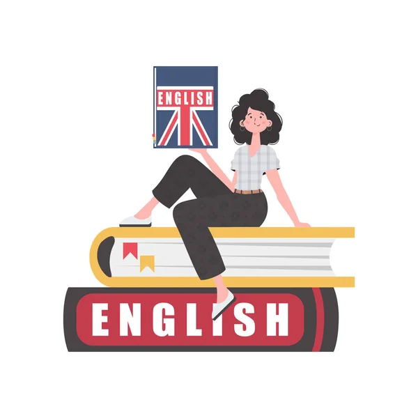 Woman Sits Books Holds English Dictionary Her Hands Concept Learning — Vettoriale Stock