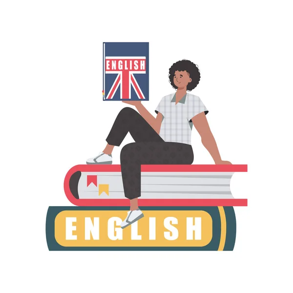 Man Sits Books Holds English Dictionary His Hands Concept Learning — Stock vektor