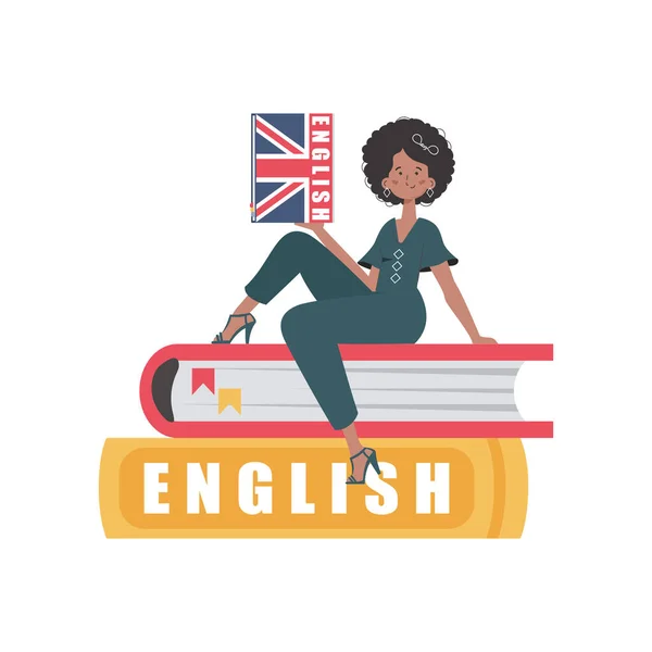 Woman Sits Books Holds English Dictionary Her Hands Concept Learning — 스톡 벡터