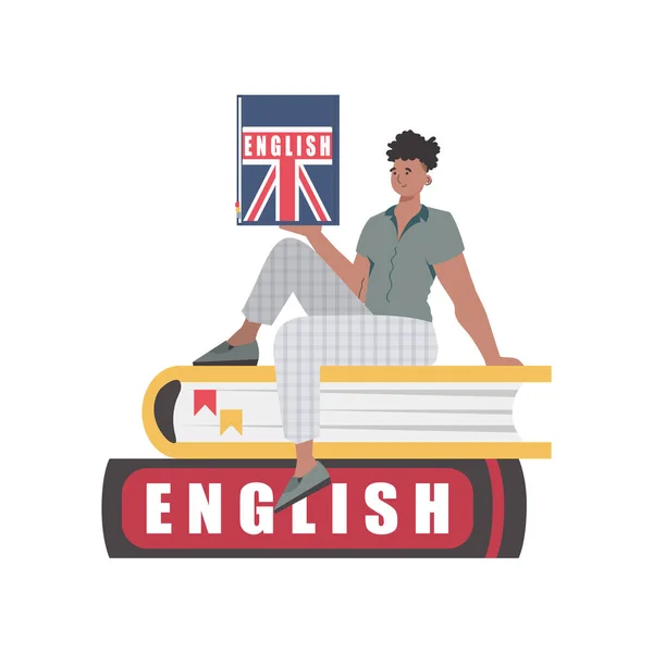 Man Sits Books Holds English Dictionary His Hands Concept Learning — Vettoriale Stock