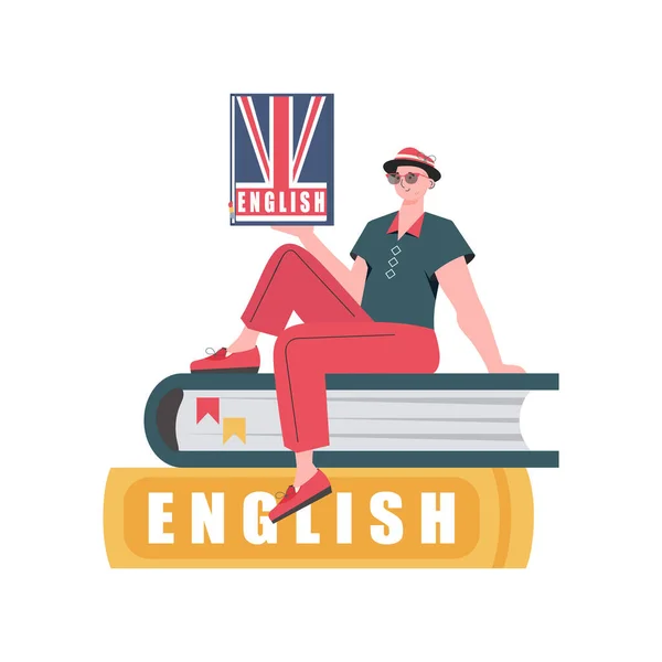Man Sits Books Holds English Dictionary His Hands Concept Learning — ストックベクタ