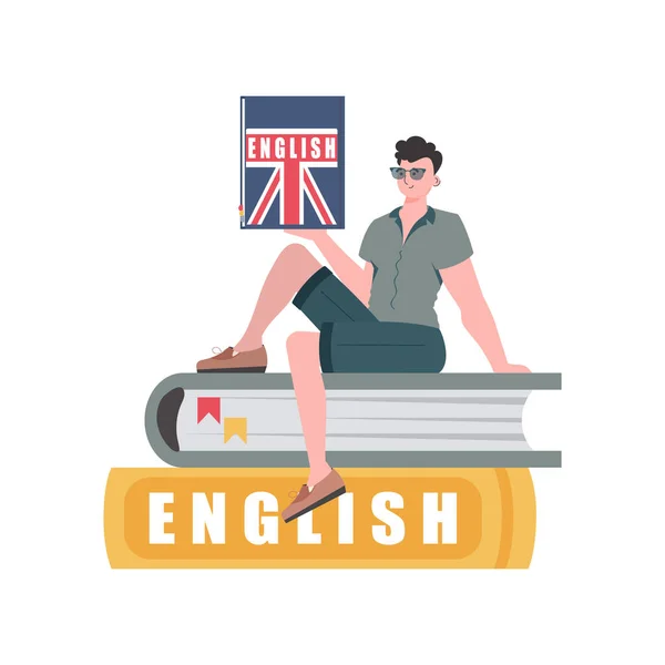 Man Sits Books Holds English Dictionary His Hands Concept Teaching — Stok Vektör