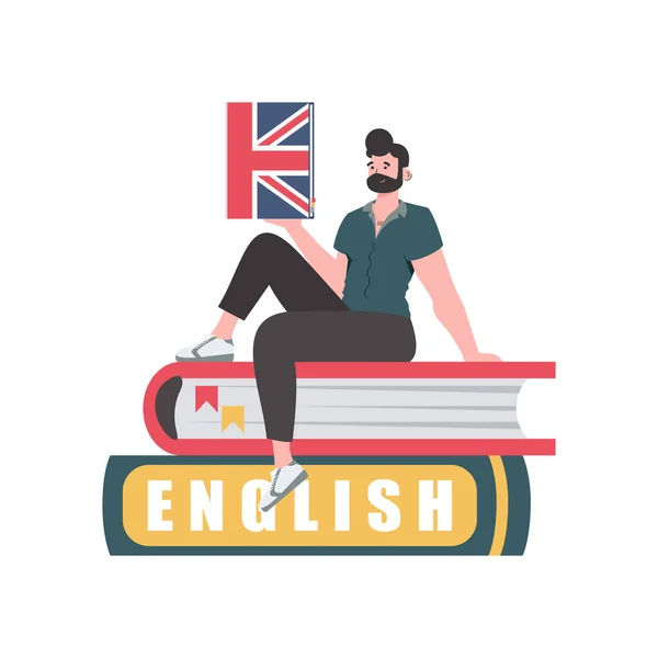 Ένας Άνθρωπος Κάθεται Βιβλία Και Κρατά Ένα Αγγλικό Λεξικό Στα — Διανυσματικό Αρχείο
