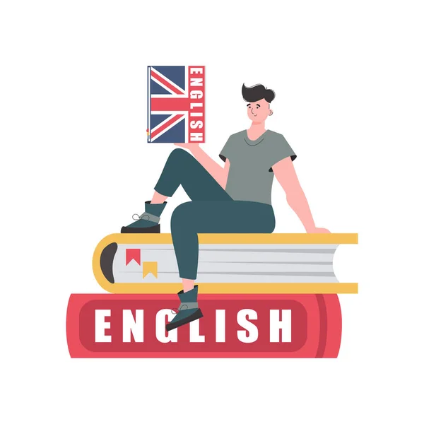 Man Sits Books Holds English Dictionary His Hands Concept Learning — 图库矢量图片