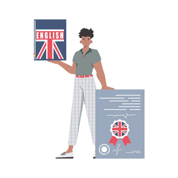 Man Holds English Dictionary Certificate His Hands Concept Learning English — Stockvector