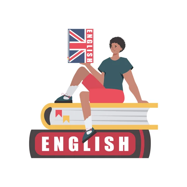 Man Sits Books Holds English Dictionary His Hands Concept Learning — 스톡 벡터