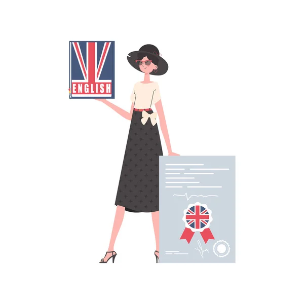 Woman Holds English Dictionary Certificate Her Hands Concept Learning English — Stockvector