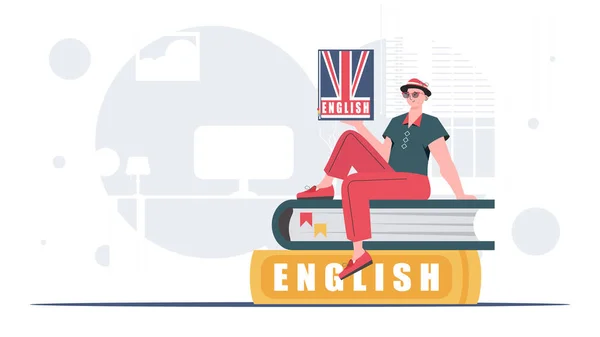 Concept Learning English Man Sits Books Holds English Dictionary His — Vector de stock