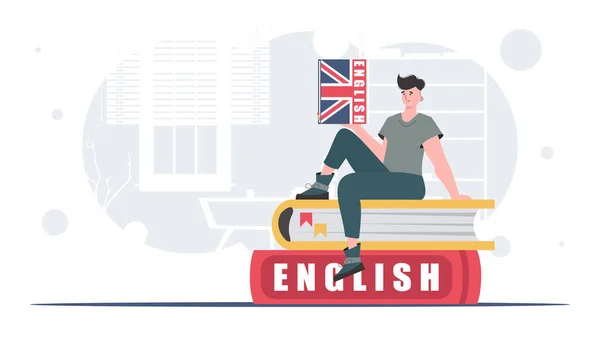 Concept Learning English Man Sits Books Holds English Dictionary His — Stockvector