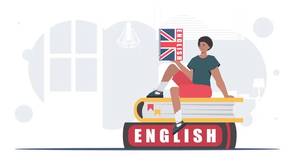 Concept Learning English Man Sits Books Holds English Dictionary His — Stok Vektör