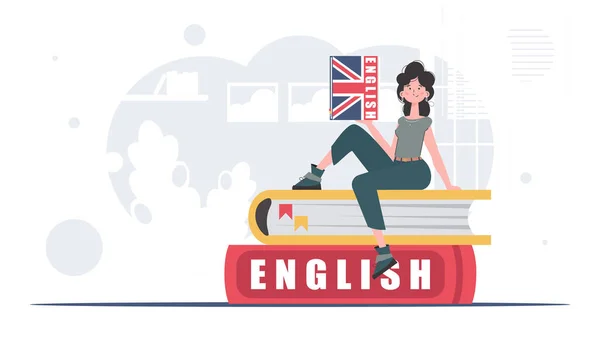 Concept Learning English Woman Sits Books Holds English Dictionary Her — Vector de stock