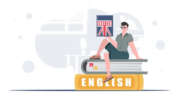 Concept Teaching English Man Sits Books Holds English Dictionary His — Wektor stockowy