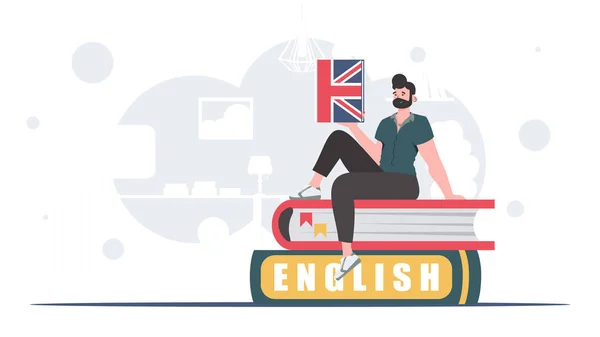 Concept Teaching English Man Sits Books Holds English Dictionary His — Stockvector