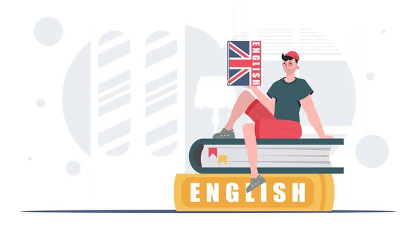 Concept Learning English Man Sits Books Holds English Dictionary His — 图库矢量图片