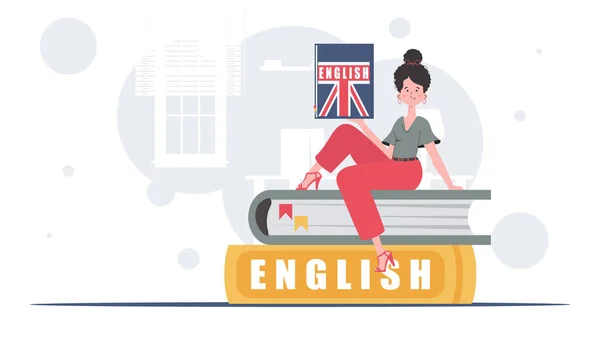 Concept Learning English Woman Sits Books Holds English Dictionary Her — Vector de stock