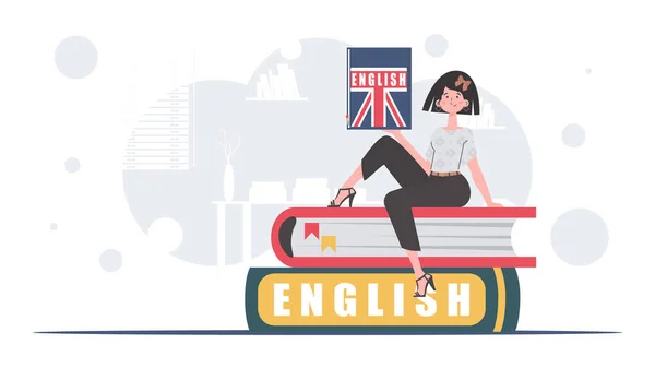 Concept Learning English Woman Sits Books Holds English Dictionary Her — Stockvector