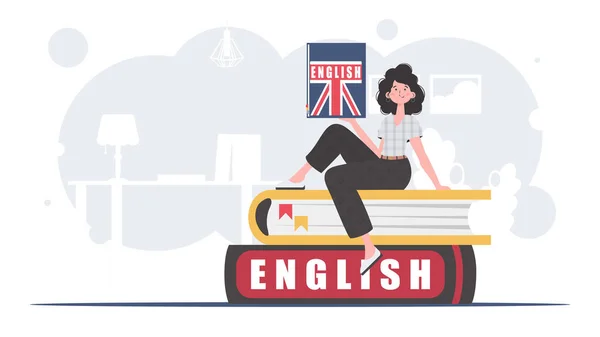 Concept Learning English Woman Sits Books Holds English Dictionary Her — Vector de stock