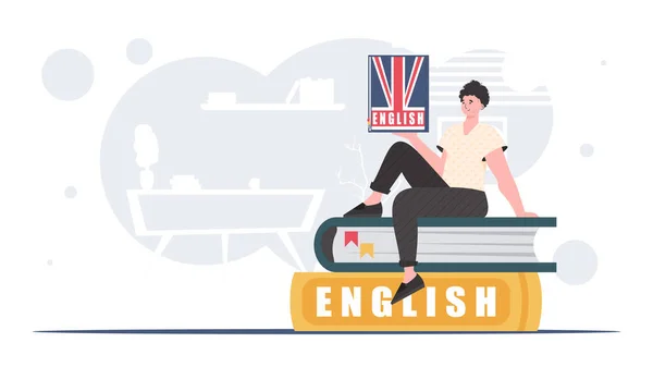 Concept Learning English Man Sits Books Holds English Dictionary His — Stockvector