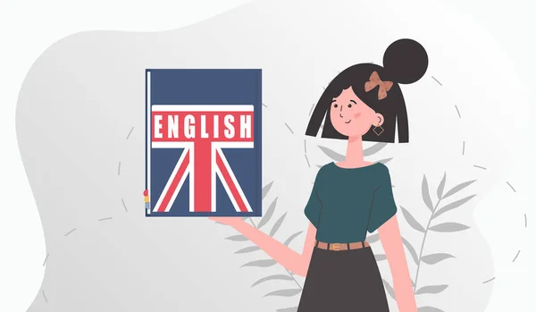 Concept Learning English Woman Holds English Dictionary Her Hands Flat — Vettoriale Stock