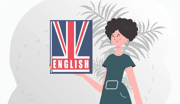 Concept Teaching English Woman Holds English Dictionary Her Hands Trendy — Stockvector