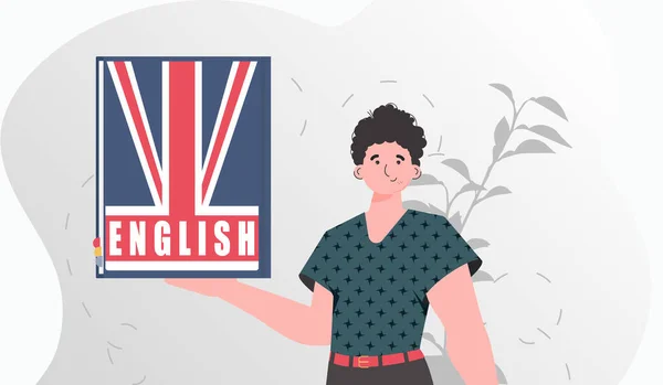 Concept Teaching English Man Holds English Dictionary His Hands Trendy — Wektor stockowy