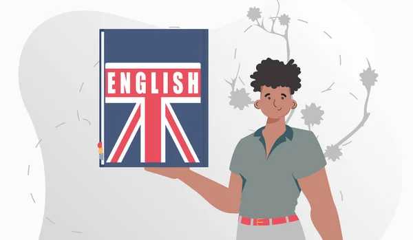 Concept Learning English Man Holds English Dictionary His Hands Trendy — Stockový vektor