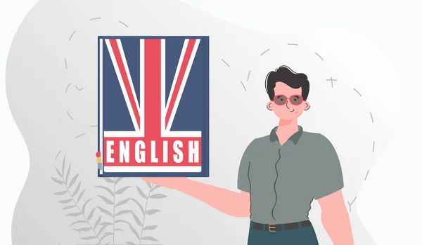 Concept Learning English Man Holds English Dictionary His Hands Trendy — Stok Vektör