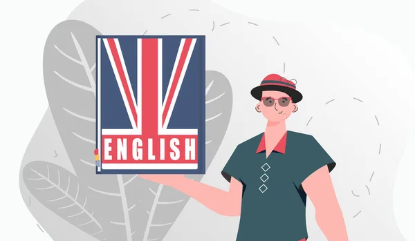 Concept Learning English Man Holds English Dictionary His Hands Trendy — ストックベクタ