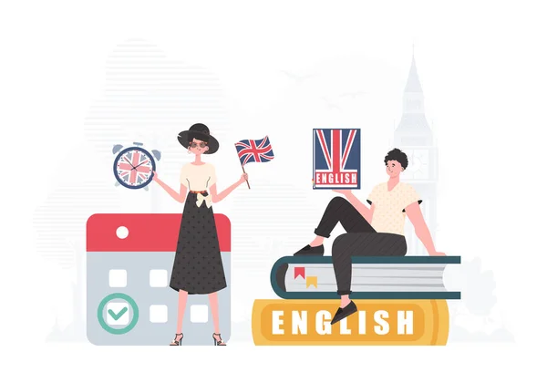 English Language Team Concept Teaching English Trendy Style Vector Illustration — Archivo Imágenes Vectoriales