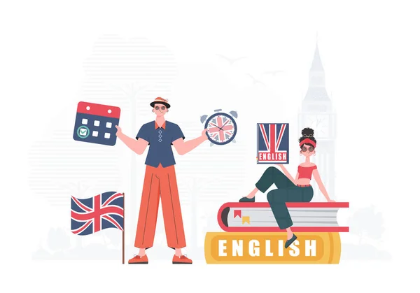 Concept Learning English Man Woman English Teacher Trendy Cartoon Style —  Vetores de Stock