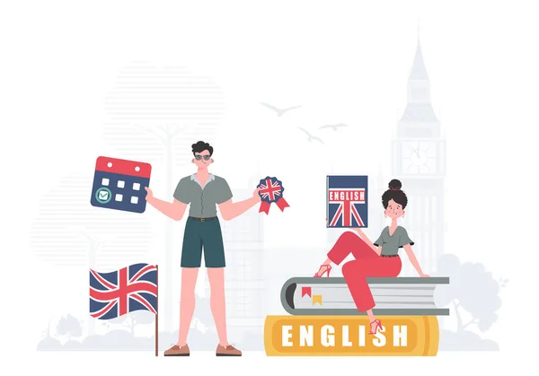 Concept Learning English Man Woman English Teacher Trendy Cartoon Style — Vettoriale Stock