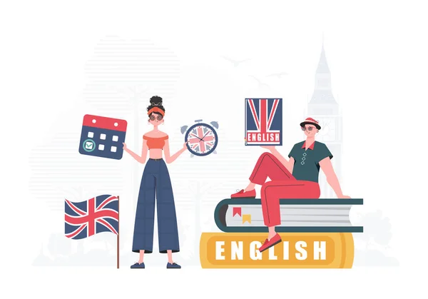 Concept Learning English Woman Man English Teachers Trendy Style Vector — Archivo Imágenes Vectoriales