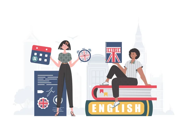 Concept Learning English Woman Man English Teachers Trendy Style Illustration — Stok Vektör