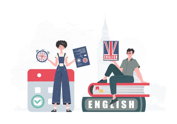 Concept Learning English Woman Man English Teachers Trendy Style Vector — Stok Vektör