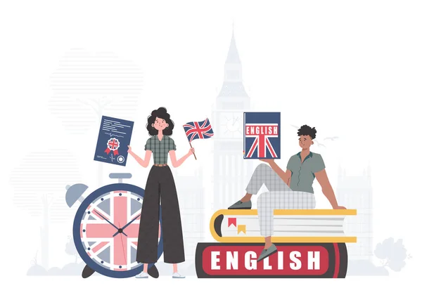 Concept Learning English Woman Man English Teachers Trendy Cartoon Style — Stock vektor